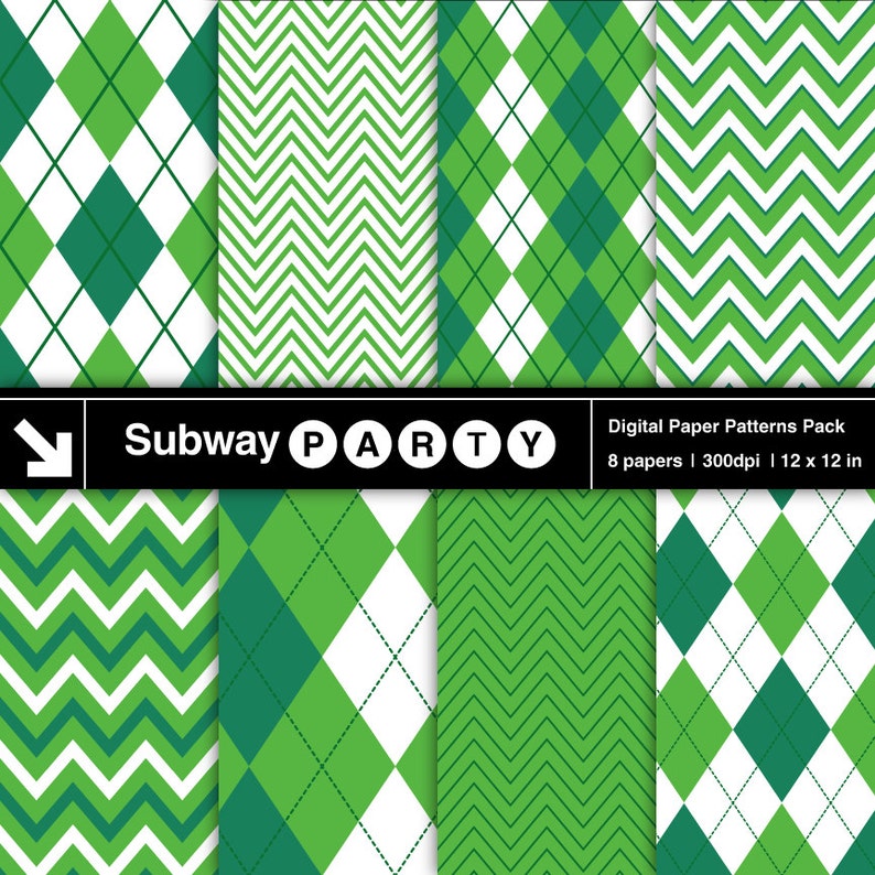 May include: A digital paper pack with eight green and white patterns. The patterns include a diamond pattern, a chevron pattern, and a herringbone pattern. The text "Subway PARTY" is at the top of the image. The text "Digital Paper Patterns Pack" is at the bottom of the image. The text "8 papers | 300dpi | 12 x 12 in" is below the text "Digital Paper Patterns Pack".