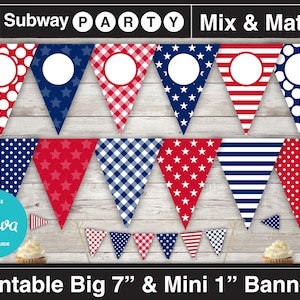 K&ouml;nnte beinhalten: Druckbare rot-wei&szlig;-blaue Wimpelketten mit verschiedenen Mustern, darunter Punkte, Sterne, Streifen und Gingham. Die Wimpel sind in zwei Gr&ouml;&szlig;en erh&auml;ltlich: 18 cm und 2,5 cm. Der Text "Subway Party Mix & Match" befindet sich oben im Bild.