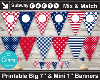 4th of July Party Printable Banner & Mini Cake Bunting. Patriotic Red White Blue Stars Stripes. DIY Editable Banner Blank. INSTANT DOWNLOAD.