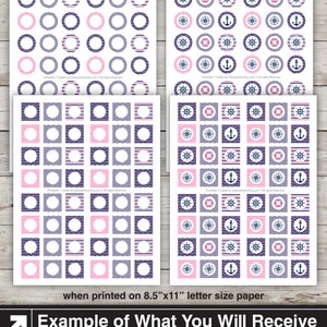 May include: Four printable sheets of 8.5 by 11 inch labels with a nautical theme. The labels feature pink and blue stripes, pink and blue chevron patterns, and nautical icons like anchors, compasses, and steering wheels.