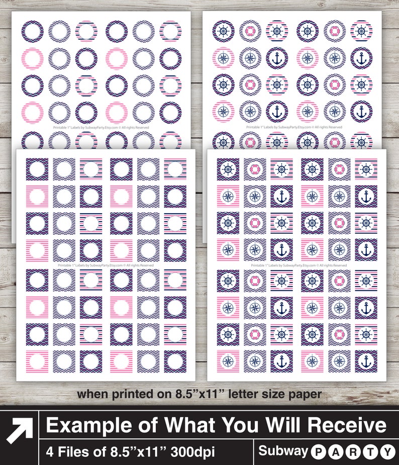 May include: Four printable sheets of 8.5 by 11 inch labels with a nautical theme. The labels feature pink and blue stripes, pink and blue chevron patterns, and nautical icons like anchors, compasses, and steering wheels.