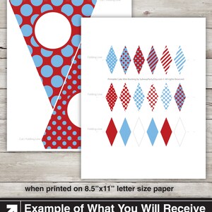 May include: Printable cake bunting template with red, white, and blue polka dot and striped patterns. The template is designed to be cut and folded into a banner. The text "Printable Cake Mini Bunting by SubwayParty.Etsy.com &copy; All rights Reserved" is included on the template.