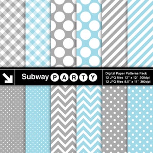May include: A set of 12 digital paper patterns in gray and light blue with various patterns including gingham, polka dots, stripes, and chevron. The patterns are 12 inches by 12 inches and 8.5 inches by 11 inches at 300 dpi.