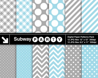Baby Blue and Grey Chevron, Polka Dots, Stripes & Gingham Digital Papers Pack. Scrapbook / Invites DIY 8.5x11 / 12x12 jpg INSTANT DOWNLOAD
