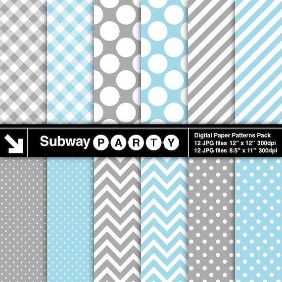 Baby Blue and Grey Chevron, Polka Dots, Stripes & Gingham Digital Papers Pack. Scrapbook / Invites DIY 8.5x11 / 12x12 jpg INSTANT DOWNLOAD Il_570xn