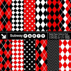 Può includere: Un pacchetto di modelli di carta digitale con vari disegni geometrici in rosso, nero e bianco. I modelli includono diamanti, stelle e motivi a zig-zag. Il testo "Subway PARTY" è visualizzato, insieme alle informazioni sulle dimensioni dei file: 30.48cm x 30.48cm e 21.59cm x 27.94cm.
