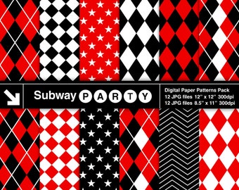Harlequin Digital Papers. Red Black White Argyle Diamond Checks Stars & Chevron. Scrapbook / Party Papers 8.5x11 12x12 Jpg INSTANT DOWNLOAD