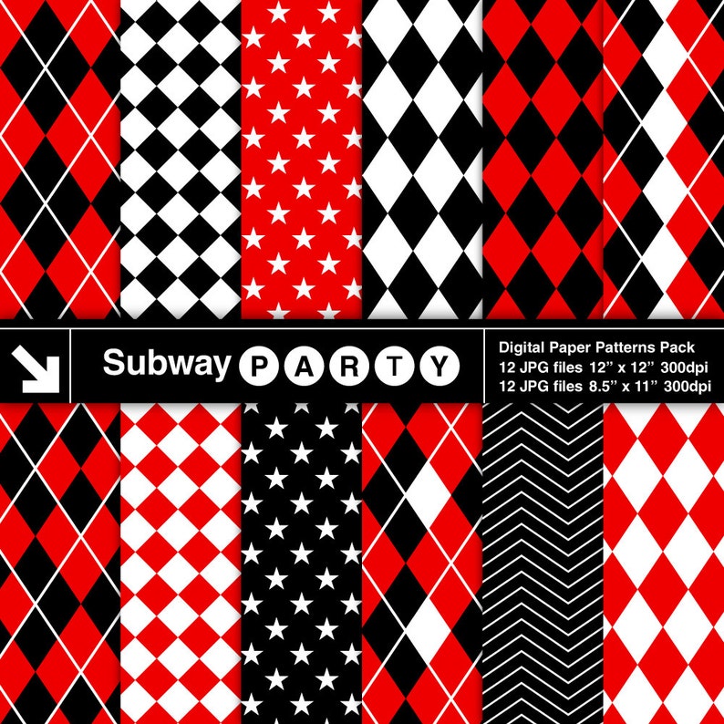 May include: A digital paper patterns pack featuring various geometric designs in red, black, and white. Patterns include diamonds, stars, and chevrons. The text "Subway PARTY" is displayed, along with file size information: 12" x 12" and 8.5" x 11".