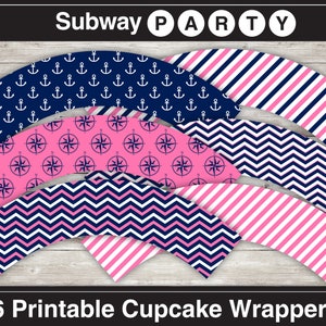 Nautical Printable Cupcake Wrappers. Navy Blue, Pink, White Chevron ...