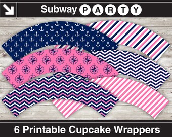Nautical Printable Cupcake Wrappers. Navy Blue, Pink, White Chevron, Stripes, Anchors and Compasses Patterns. 8x11 JPG. INSTANT DOWNLOAD