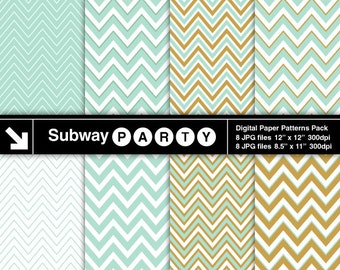 Paquete de papeles digitales Chevron en tonos menta, dorado y blanco. Colores pastel. Álbum de recortes, invitaciones y tarjetas DIY. 8,5 x 11 y 12 x 12. Descarga instantánea.