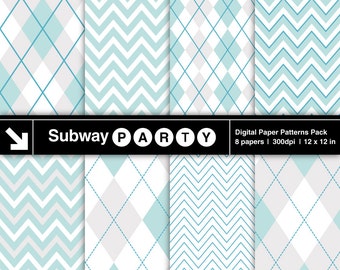 Soft Aqua Blue, Silver Gray & White Chevron and Argyle Digital Papers Pack. Scrapbook / Invites DIY 12"x12" jpg. INSTANT DOWNLOAD