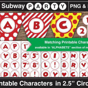 Op de afbeelding: Printbare alfabet- en nummercirkels in rood en wit met een stippen-, gestreepte en gele stippenachtergrond. De cirkels hebben een diameter van 2,5 inch. De tekst op de cirkels omvat de letters A tot en met Z, de nummers 1 tot en met 9 en symbolen zoals uitroeptekens, harten en dollartekens.