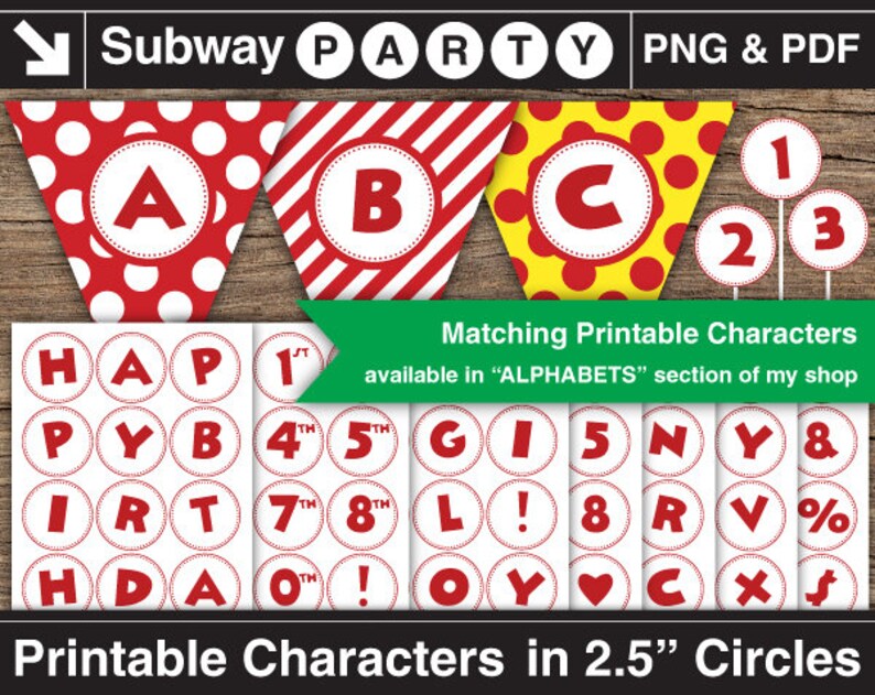 Op de afbeelding: Printbare alfabet- en nummercirkels in rood en wit met een stippen-, gestreepte en gele stippenachtergrond. De cirkels hebben een diameter van 2,5 inch. De tekst op de cirkels omvat de letters A tot en met Z, de nummers 1 tot en met 9 en symbolen zoals uitroeptekens, harten en dollartekens.