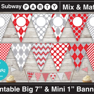 May include: Printable Subway Party banner set with red and gray chevron, polka dot, gingham, and diamond patterns. The banners are available in two sizes: 7 inches and 1 inch. The banners are editable with Canva.