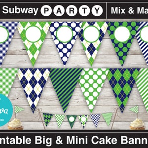 Printable Golf Party Banner and Mini Cake Bunting. Navy Blue, Green Argyle, Stripes & Golf Balls. DIY Editable Banner. INSTANT DOWNLOAD.