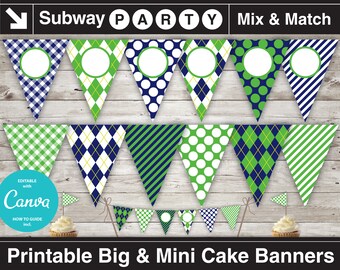 Printable Golf Party Banner and Mini Cake Bunting. Navy Blue, Green Argyle, Stripes & Golf Balls. DIY Editable Banner. INSTANT DOWNLOAD.