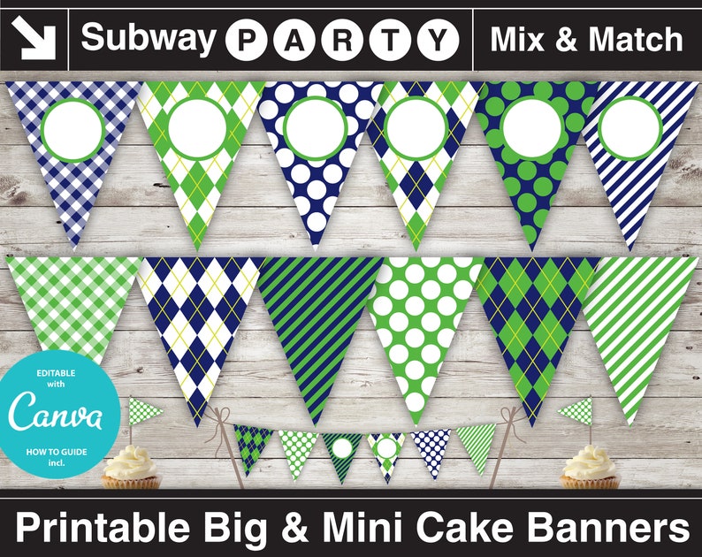 Printable Golf Party Banner and Mini Cake Bunting. Navy Blue, Green Argyle, Stripes & Golf Balls. DIY Editable Banner. INSTANT DOWNLOAD. image 1