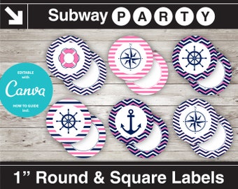 Printable Nautical 1" Round & Square Tags, Stickers, Blank Labels, Circles. Navy, Pink, White. Add Your Own Text DIY jpg. INSTANT DOWNLOAD