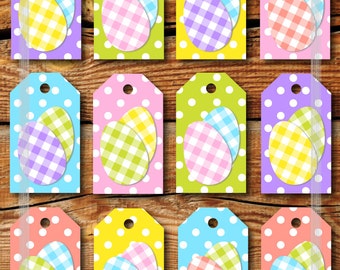 Printable Easter Gift Tags. Cute Polka Dots and Easter Eggs in Pastel Color Gingham. Jpg INSTANT DOWNLOAD