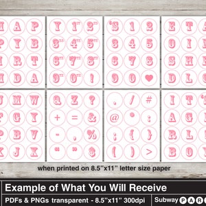 May include: Pink and white printable alphabet and number stickers with a vintage look. The stickers include letters, numbers, punctuation marks, and symbols. The stickers are designed to be printed on 8.5 x 11 inch letter size paper.