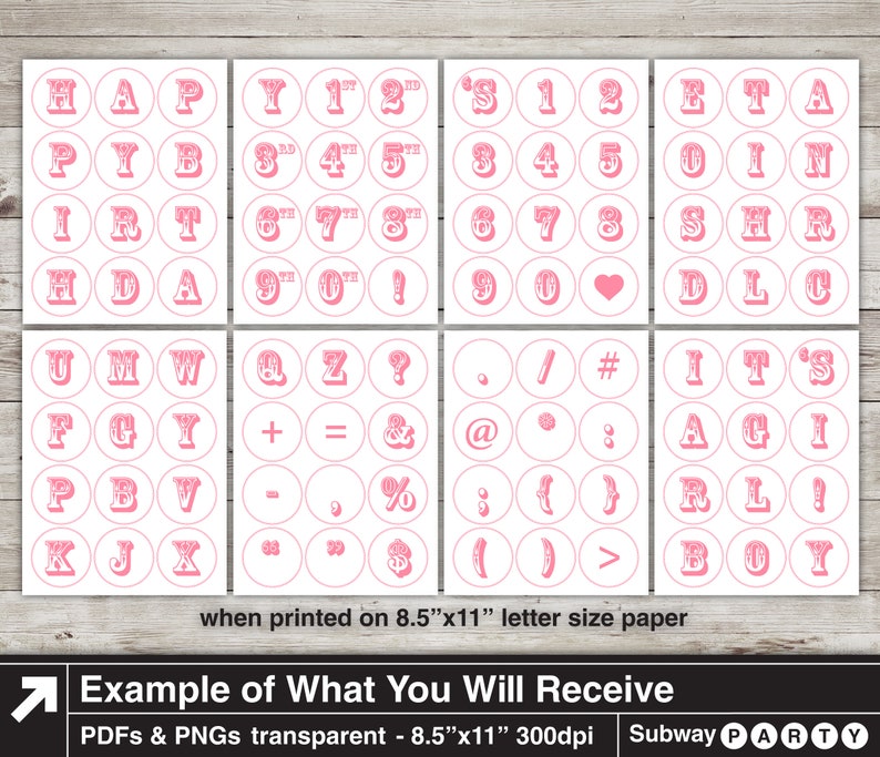 May include: Pink and white printable alphabet and number stickers with a vintage look. The stickers include letters, numbers, punctuation marks, and symbols. The stickers are designed to be printed on 8.5 x 11 inch letter size paper.