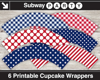 Patriotic 4th of July Printable Cupcake Wrappers. Cupcake Liners DIY. Red White Blue Stars and Stripes. Party Printable. INSTANT DOWNLOAD