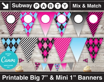 Printable Monster Dolls Party Banner & Mini Cake Bunting. Pink Black Blue Ombre, Argyle, Stripes DIY Editable Banner Blank. INSTANT DOWNLOAD