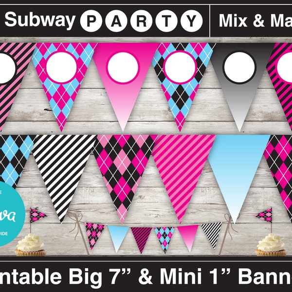 Printable Monster Dolls Party Banner & Mini Cake Bunting. Pink Black Blue Ombre, Argyle, Stripes DIY Editable Banner Blank. INSTANT DOWNLOAD