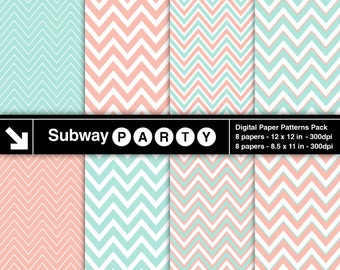 Mint Coral Chevron Digital Papers Pack. Peach Pink Mint Thick & Thin Chevron. Scrapbook / Invites DIY 8.5x11, 12x12 jpg. INSTANT DOWNLOAD