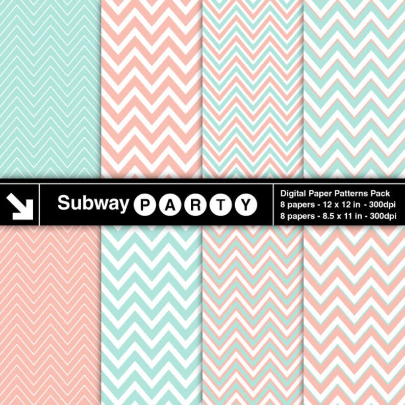 May include: Digital paper pack featuring eight sheets with chevron patterns in mint green and coral pink. The pack includes 8 papers, each 12 x 12 inches and 8.5 x 11 inches, at 300dpi. The text "Subway PARTY" is displayed.