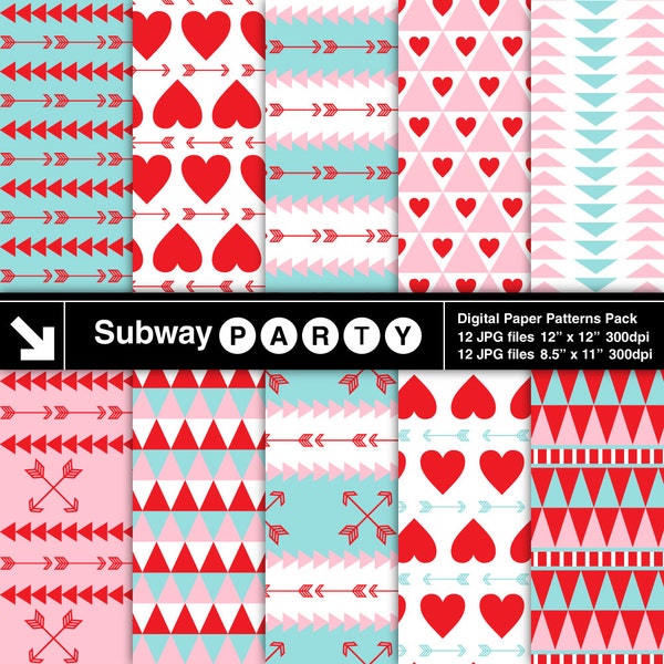 Tribal Style Valentine's Day Digital Papers. Pink Aqua Blue Red Hearts & Arrows. Scrapbook / Card DIY 8x11, 12x12 jpg INSTANT DOWNLOAD