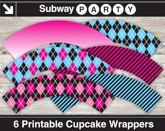 Printable Pink Monsters Party Cupcake Wrappers in Pink, Blue and Black Argyle, Ombre & Candy Stripes. DIY 8x11. INSTANT DOWNLOAD