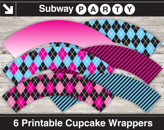 Printable Pink Monsters Party Cupcake Wrappers in Pink, Blue and Black Argyle, Ombre & Candy Stripes. DIY 8x11. INSTANT DOWNLOAD Il_570xn