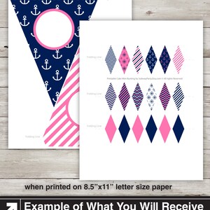 May include: Printable nautical themed cake bunting with 13 files, each measuring 8.5 inches by 11 inches. The bunting features a variety of patterns including pink and blue stripes, anchors, and a compass. The bunting is designed to be folded along the dotted lines.