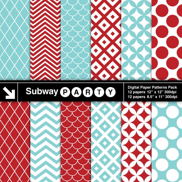 Aqua Blue and Red Retro Mod Digital Papers in Diamond Lattice, Trellis, Chevron. Scrapbook, Invite DIY 8.5x11 12x12 jpg INSTANT DOWNLOAD