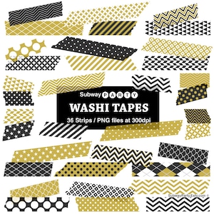 Gold and Black Digital Washi Tape Strips, Clipart, Photo Frame Borders, Scrapbook Embellishment, 36 PNGs Semi-transparent CANVA Elements
