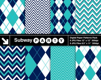 Navy Blue Turquoise Digital Papers in Chevron and Argyle. Scrapbook / Party Printable Papers / CANVA Background 8.5x11 & 12x12 JPG