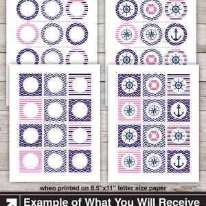 May include: Printable cupcake toppers in a nautical theme. The toppers feature pink and blue stripes, pink and blue chevron patterns, a compass, an anchor, and a ship's wheel. The toppers are designed to be printed on 8.5" x 11" letter size paper.