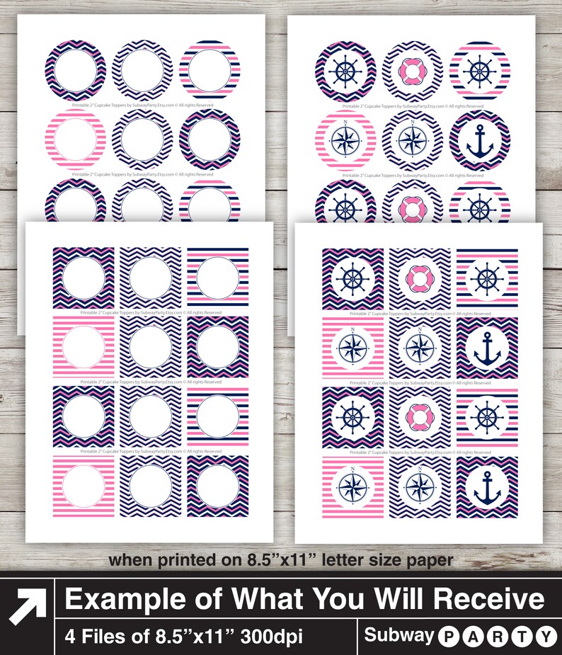 May include: Printable cupcake toppers in a nautical theme. The toppers feature pink and blue stripes, pink and blue chevron patterns, a compass, an anchor, and a ship's wheel. The toppers are designed to be printed on 8.5" x 11" letter size paper.