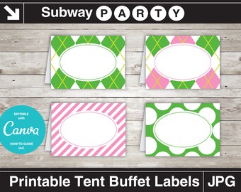 Etiquetas de comida para fiestas de golf. Rombos rosas y verdes, rayas y pelotas de golf. Etiquetas de mesa imprimibles/tarjetas de buffet editables. DESCARGA INSTANTÁNEA.