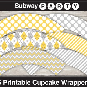 May include: Six printable cupcake wrappers featuring various patterns in yellow and grey. The designs include polka dots, argyle, stripes, and chevron. The text "Subway Party" is at the top of the image.