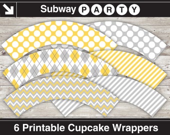 Utskrivbara grå och gula muffinsformar. Argyle, chevron, jumboprickiga och ränder i pastellfärger. Gör-det-själv 8x11 jpg. DIREKT NEDLADDNING