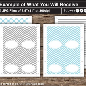 May include: Four printable 8.5 x 11 inch Subway Party favor tags. The tags feature four different patterns: blue polka dots, gray chevron, blue chevron, and gray stripes. Each tag has three oval-shaped spaces for writing.