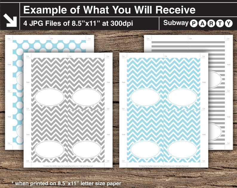 May include: Four printable 8.5 x 11 inch Subway Party favor tags. The tags feature four different patterns: blue polka dots, gray chevron, blue chevron, and gray stripes. Each tag has three oval-shaped spaces for writing.