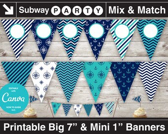 Banderín imprimible para fiesta náutica turquesa y azul marino y mini banderín para tarta. Texto en blanco editable para banderín. Descarga instantánea.