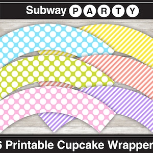 Easter Cupcake Wrappers Printable Liners. Pastel Color Polka Dots & Stripes. Coral, Pink, Blue, Yellow, Green, Lilac. INSTANT DOWNLOAD. image 1