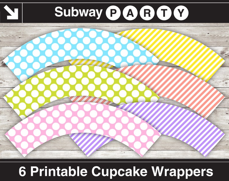 Easter Cupcake Wrappers Printable Liners. Pastel Color Polka Dots & Stripes. Coral, Pink, Blue, Yellow, Green, Lilac. INSTANT DOWNLOAD. image 1