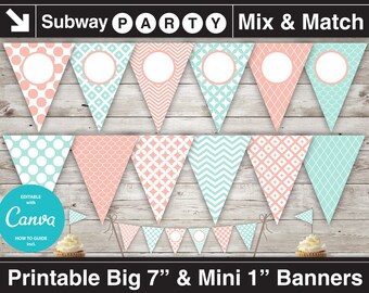 Mint Coral Printable Party Banner & Mini Cake Bunting. Girly Shabby Chic Banner. DIY Editable Banner. Blank Text. Jpg INSTANT DOWNLOAD.