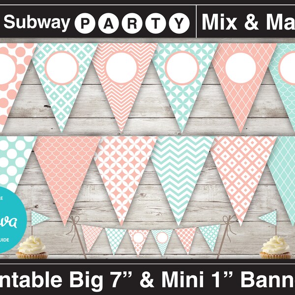 Banderín imprimible para fiesta y mini banderín para pastel color coral menta. Banderín de estilo shabby chic femenino. Banderín editable DIY. Texto en blanco. Descarga instantánea en formato JPG.